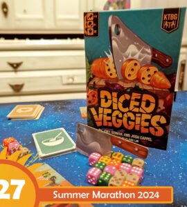 Board game "Diced Veggies" displayed on a colorful tabletop, featuring a vibrant box cover, dice, and cards. The game is designed for 1-4 players, ages 6 and up, with a playtime of approximately 30 minutes. Ideal for family game nights and gatherings.