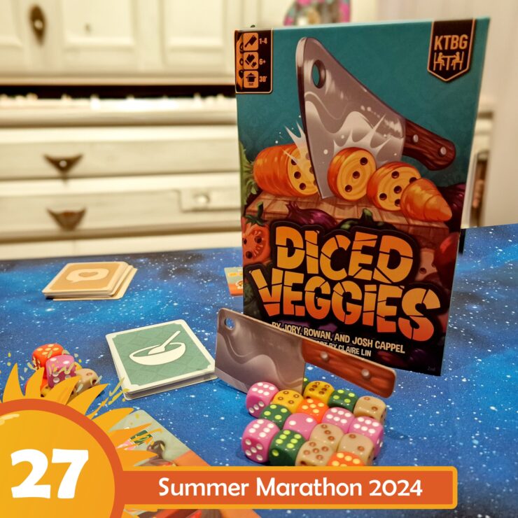 Board game "Diced Veggies" displayed on a colorful tabletop, featuring a vibrant box cover, dice, and cards. The game is designed for 1-4 players, ages 6 and up, with a playtime of approximately 30 minutes. Ideal for family game nights and gatherings.