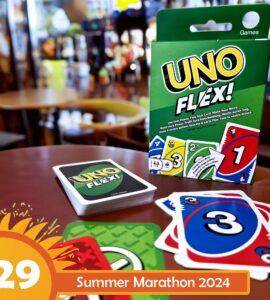 UNO Flex card game displayed on a table with a colorful packaging in a casual setting, featuring a stack of cards and vibrant game elements, promoting fun and interactive gameplay for friends and family. Summer Marathon 2024 event highlighted in the corner.
