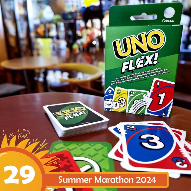 UNO Flex card game displayed on a table with a colorful packaging in a casual setting, featuring a stack of cards and vibrant game elements, promoting fun and interactive gameplay for friends and family. Summer Marathon 2024 event highlighted in the corner.