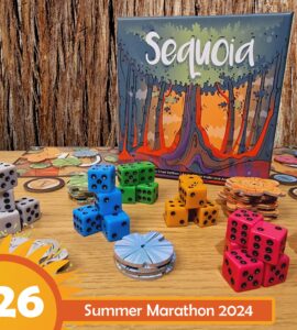 Colorful game components including dice and tokens from the board game "Sequoia" by Chad DeShon, displayed on a wooden table with a background of tree bark. The image promotes the Summer Marathon 2024 event.