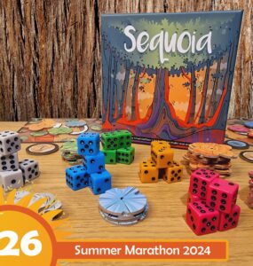 Colorful game components including dice and tokens from the board game "Sequoia" by Chad DeShon, displayed on a wooden table with a background of tree bark. The image promotes the Summer Marathon 2024 event.