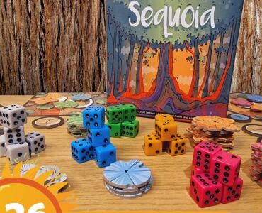 Colorful game components including dice and tokens from the board game "Sequoia" by Chad DeShon, displayed on a wooden table with a background of tree bark. The image promotes the Summer Marathon 2024 event.