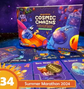 Deluxe edition of Cosmic Chains board game displayed with colorful game cards, featuring playful illustrations of satellites and space themes, set against a galaxy background, promoting competitive gameplay for 2 players aged 14 and up, with a playtime of 30-40 minutes. Summer Marathon 2024 event highlighted in the corner.