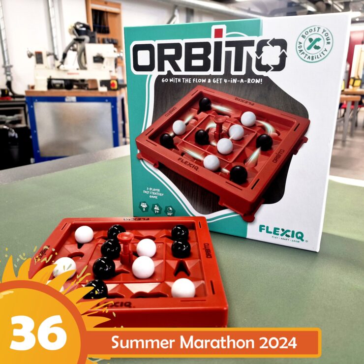 Image of the game "Orbito" by Flexiq, featuring a red game board with black and white game pieces arranged on it. The box is displayed in the background, highlighting its 2-player fast strategy gameplay. The image is part of the Summer Marathon 2024 event.