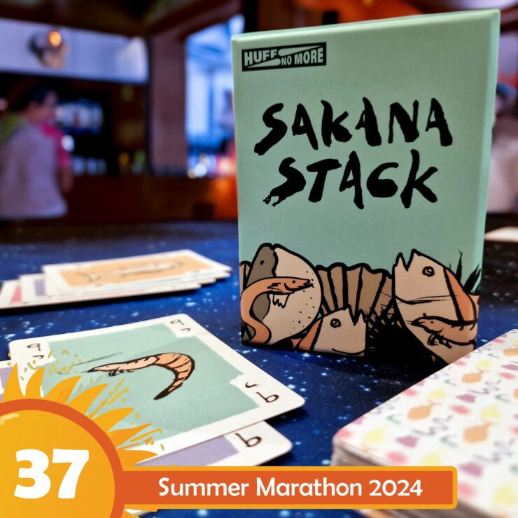 Sakana Stack card game box displayed on a table with playing cards featuring shrimp illustrations, set against a colorful background; Summer Marathon 2024 event highlighted in the corner.