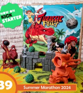 Colorful display of the board game "Jurassic Feud" featuring detailed miniature figures and vibrant scenery. The game is currently on Kickstarter, with promotional graphics highlighting a summer marathon event in 2024.