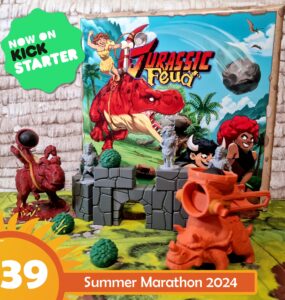 Colorful display of the board game "Jurassic Feud" featuring detailed miniature figures and vibrant scenery. The game is currently on Kickstarter, with promotional graphics highlighting a summer marathon event in 2024.