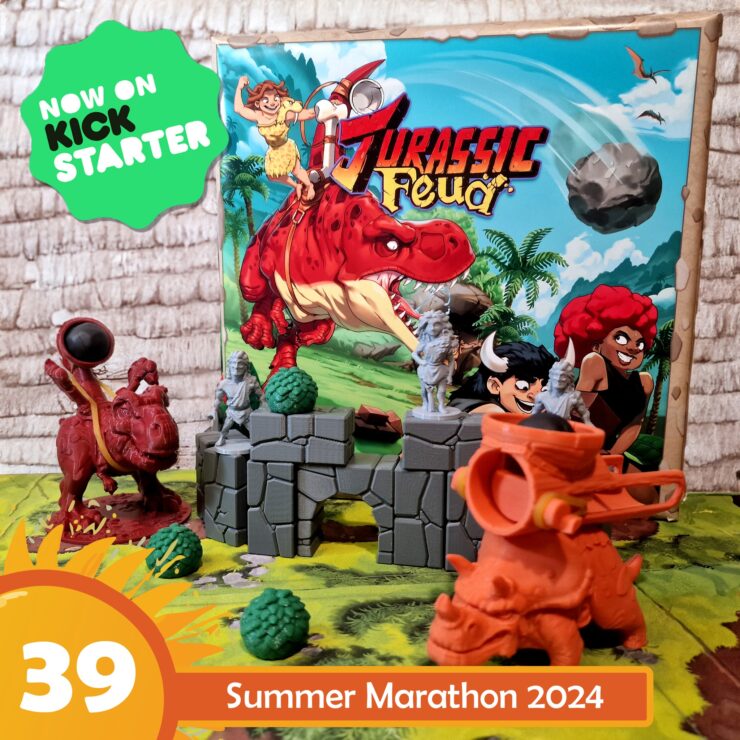 Colorful display of the board game "Jurassic Feud" featuring detailed miniature figures and vibrant scenery. The game is currently on Kickstarter, with promotional graphics highlighting a summer marathon event in 2024.