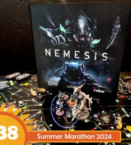 Image of the board game "Nemesis" featuring its box art and miniatures on a detailed game board. The scene highlights the game's sci-fi theme, showcasing player figures and components, set against a dark background. The text overlay indicates participation in the Summer Marathon 2024 event.