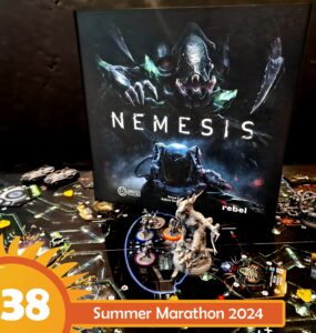 Image of the board game "Nemesis" featuring its box art and miniatures on a detailed game board. The scene highlights the game's sci-fi theme, showcasing player figures and components, set against a dark background. The text overlay indicates participation in the Summer Marathon 2024 event.