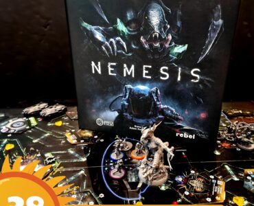 Image of the board game "Nemesis" featuring its box art and miniatures on a detailed game board. The scene highlights the game's sci-fi theme, showcasing player figures and components, set against a dark background. The text overlay indicates participation in the Summer Marathon 2024 event.