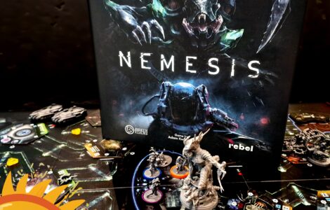 Image of the board game "Nemesis" featuring its box art and miniatures on a detailed game board. The scene highlights the game's sci-fi theme, showcasing player figures and components, set against a dark background. The text overlay indicates participation in the Summer Marathon 2024 event.