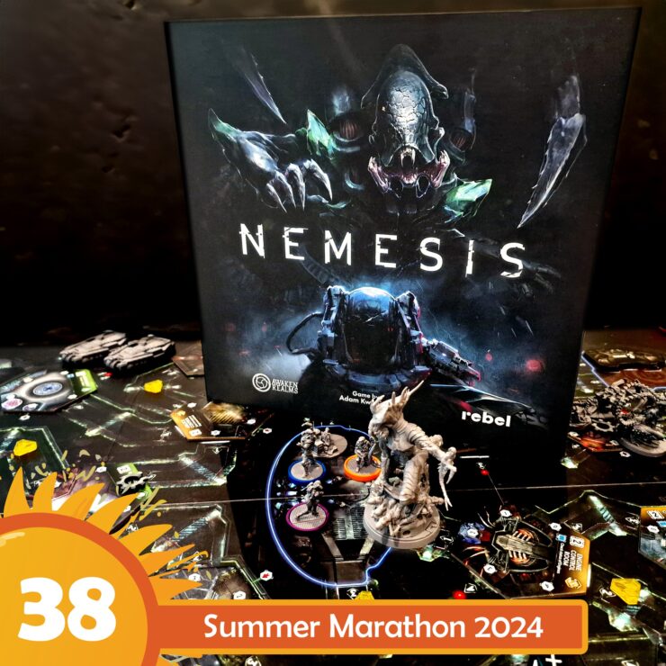 Image of the board game "Nemesis" featuring its box art and miniatures on a detailed game board. The scene highlights the game's sci-fi theme, showcasing player figures and components, set against a dark background. The text overlay indicates participation in the Summer Marathon 2024 event.