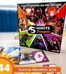Image of the board game "5-Minute Dungeon" by Connor Reid, featuring vibrant artwork of characters and a colorful box design. The game is displayed alongside various game cards on a table, promoting cooperative and real-time gameplay. The image also includes a badge for "Summer Marathon 2024."