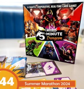 Image of the board game "5-Minute Dungeon" by Connor Reid, featuring vibrant artwork of characters and a colorful box design. The game is displayed alongside various game cards on a table, promoting cooperative and real-time gameplay. The image also includes a badge for "Summer Marathon 2024."