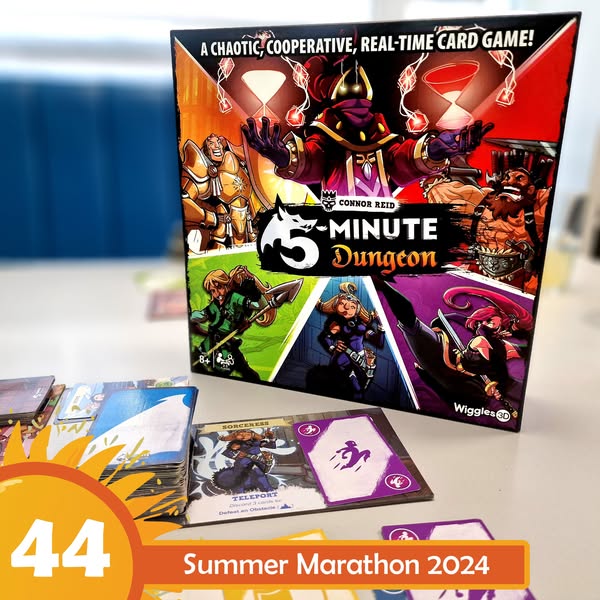 Image of the board game "5-Minute Dungeon" by Connor Reid, featuring vibrant artwork of characters and a colorful box design. The game is displayed alongside various game cards on a table, promoting cooperative and real-time gameplay. The image also includes a badge for "Summer Marathon 2024."