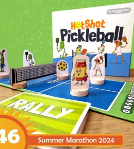 Colorful board game setup for "HotShot Pickleball," featuring playful character pieces, a net, and a game card labeled "RALLY," set against a vibrant background for the Summer Marathon 2024.
