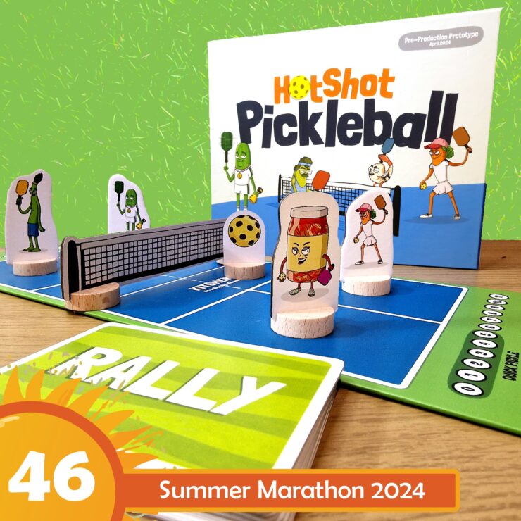 Colorful board game setup for "HotShot Pickleball," featuring playful character pieces, a net, and a game card labeled "RALLY," set against a vibrant background for the Summer Marathon 2024.