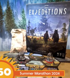 Board game "Expeditions" displayed with components, including a game box, miniatures, and hexagonal tiles, set against a scenic forest backdrop, promoting the Summer Marathon 2024 event.