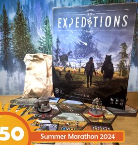 Board game "Expeditions" displayed with components, including a game box, miniatures, and hexagonal tiles, set against a scenic forest backdrop, promoting the Summer Marathon 2024 event.