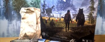 Board game "Expeditions" displayed with components, including a game box, miniatures, and hexagonal tiles, set against a scenic forest backdrop, promoting the Summer Marathon 2024 event.