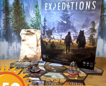 Board game "Expeditions" displayed with components, including a game box, miniatures, and hexagonal tiles, set against a scenic forest backdrop, promoting the Summer Marathon 2024 event.