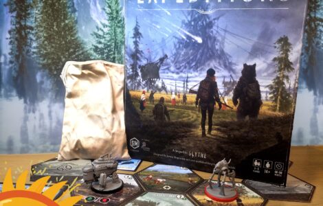 Board game "Expeditions" displayed with components, including a game box, miniatures, and hexagonal tiles, set against a scenic forest backdrop, promoting the Summer Marathon 2024 event.