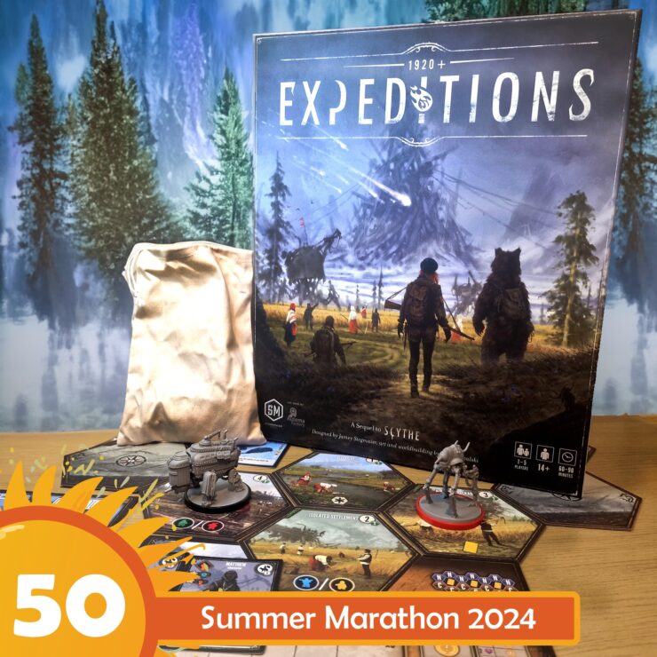 Board game "Expeditions" displayed with components, including a game box, miniatures, and hexagonal tiles, set against a scenic forest backdrop, promoting the Summer Marathon 2024 event.