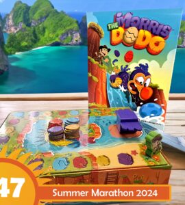 Colorful board game "The Morris Dodo" displayed on a wooden table with a tropical beach backdrop, featuring game pieces and a vibrant box cover; promoting Summer Marathon 2024 event.