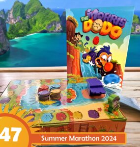 Colorful board game "The Morris Dodo" displayed on a wooden table with a tropical beach backdrop, featuring game pieces and a vibrant box cover; promoting Summer Marathon 2024 event.