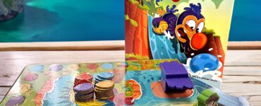 Colorful board game "The Morris Dodo" displayed on a wooden table with a tropical beach backdrop, featuring game pieces and a vibrant box cover; promoting Summer Marathon 2024 event.