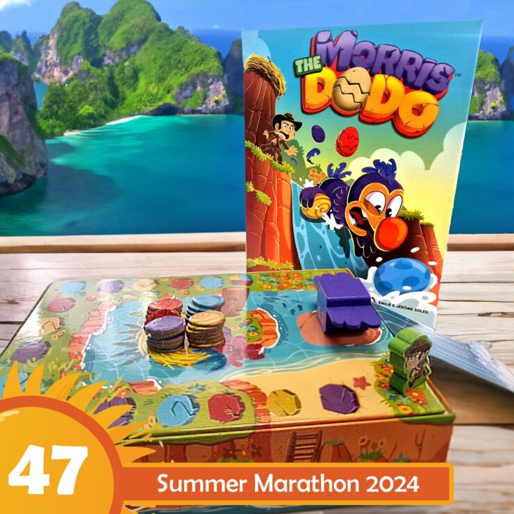 Colorful board game "The Morris Dodo" displayed on a wooden table with a tropical beach backdrop, featuring game pieces and a vibrant box cover; promoting Summer Marathon 2024 event.