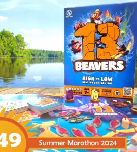 Colorful board game "13 Beavers" displayed by a lake, featuring vibrant game pieces, cards, and a playful design. Ideal for family fun, suitable for ages 7 and up, with a gameplay duration of 30 minutes. Summer Marathon 2024 promotion highlighted in the foreground.