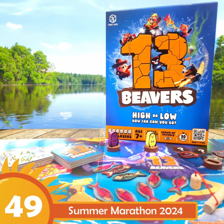 Colorful board game "13 Beavers" displayed by a lake, featuring vibrant game pieces, cards, and a playful design. Ideal for family fun, suitable for ages 7 and up, with a gameplay duration of 30 minutes. Summer Marathon 2024 promotion highlighted in the foreground.