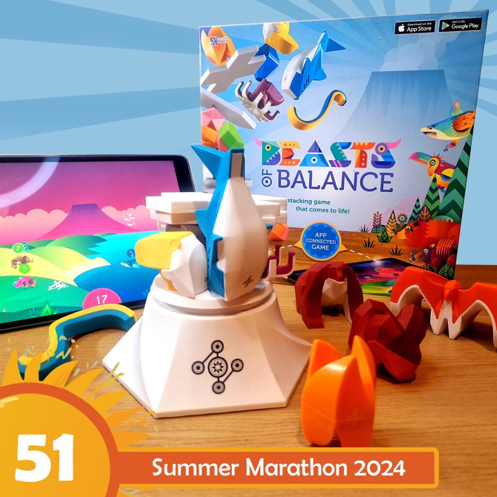 Colorful game pieces from "Beasts of Balance" are displayed alongside a tablet showing the game's app interface. The game box is visible in the background, highlighting its interactive stacking gameplay. The image promotes the Summer Marathon 2024 event.