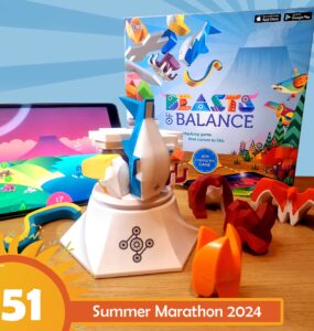 Colorful game pieces from "Beasts of Balance" are displayed alongside a tablet showing the game's app interface. The game box is visible in the background, highlighting its interactive stacking gameplay. The image promotes the Summer Marathon 2024 event.