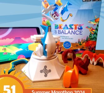 Colorful game pieces from "Beasts of Balance" are displayed alongside a tablet showing the game's app interface. The game box is visible in the background, highlighting its interactive stacking gameplay. The image promotes the Summer Marathon 2024 event.