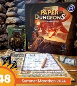 Board game "Paper Dungeons" by Leandro Pires displayed with a Minotaur character card, game dice, a game board, and a pencil on a stone backdrop, promoting Summer Marathon 2024. Ideal for 1-8 players, featuring dungeon crawling gameplay.