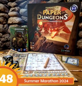 Board game "Paper Dungeons" by Leandro Pires displayed with a Minotaur character card, game dice, a game board, and a pencil on a stone backdrop, promoting Summer Marathon 2024. Ideal for 1-8 players, featuring dungeon crawling gameplay.