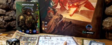 Board game "Paper Dungeons" by Leandro Pires displayed with a Minotaur character card, game dice, a game board, and a pencil on a stone backdrop, promoting Summer Marathon 2024. Ideal for 1-8 players, featuring dungeon crawling gameplay.