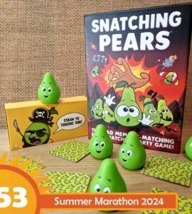 Colorful game components from "Snatching Pears," a memory-matching party game, featuring green pear tokens and themed cards, displayed alongside the game box. Ideal for family game nights and social gatherings.