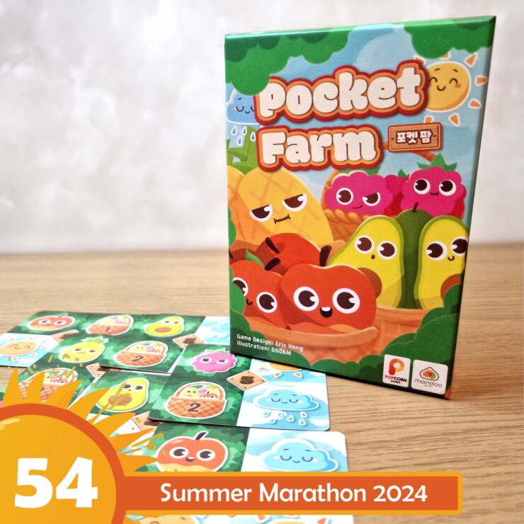 Colorful box of the game "Pocket Farm" featuring cute fruit characters, surrounded by game cards on a wooden table, with a banner indicating "54 Summer Marathon 2024."