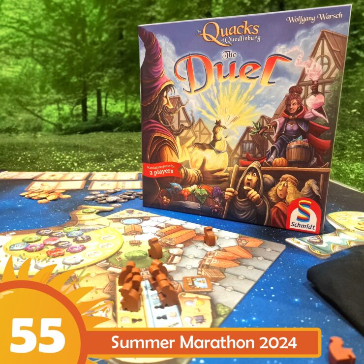 Image of the board game "The Quacks of Quedlinburg: The Duel" by Wolfgang Warsch, featuring vibrant artwork on the box and a game setup for two players. The scene includes game pieces and a colorful game board, set against a natural green background, with a label indicating "55 Summer Marathon 2024."