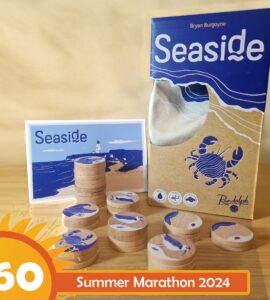 Seaside board game by Bryan Burgoyne featuring colorful game pieces and packaging, displayed alongside a promotional card for the Summer Marathon 2024 event.