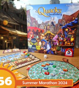 Image of the board game "The Quacks of Quedlinburg" by Wolfgang Warsch, featuring the game box, player board, and game components. The scene is set in a vibrant marketplace, showcasing colorful potions and characters. The image also includes a promotional banner for the Summer Marathon 2024 event, with the number 56 prominently displayed.