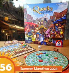 Image of the board game "The Quacks of Quedlinburg" by Wolfgang Warsch, featuring the game box, player board, and game components. The scene is set in a vibrant marketplace, showcasing colorful potions and characters. The image also includes a promotional banner for the Summer Marathon 2024 event, with the number 56 prominently displayed.