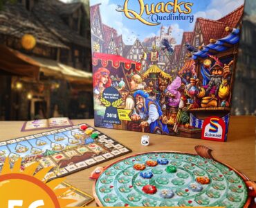 Image of the board game "The Quacks of Quedlinburg" by Wolfgang Warsch, featuring the game box, player board, and game components. The scene is set in a vibrant marketplace, showcasing colorful potions and characters. The image also includes a promotional banner for the Summer Marathon 2024 event, with the number 56 prominently displayed.