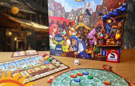 Image of the board game "The Quacks of Quedlinburg" by Wolfgang Warsch, featuring the game box, player board, and game components. The scene is set in a vibrant marketplace, showcasing colorful potions and characters. The image also includes a promotional banner for the Summer Marathon 2024 event, with the number 56 prominently displayed.