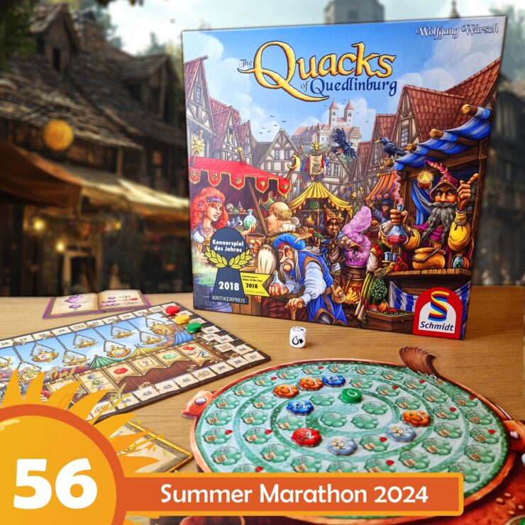 Image of the board game "The Quacks of Quedlinburg" by Wolfgang Warsch, featuring the game box, player board, and game components. The scene is set in a vibrant marketplace, showcasing colorful potions and characters. The image also includes a promotional banner for the Summer Marathon 2024 event, with the number 56 prominently displayed.